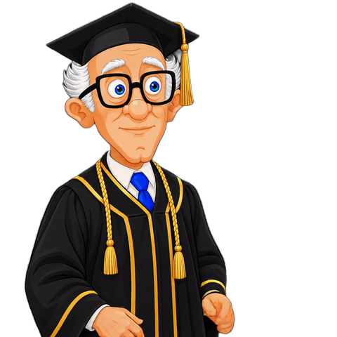 Professor Medicare in his black graduation robe and gold tassels, pointing toward the chalkboard